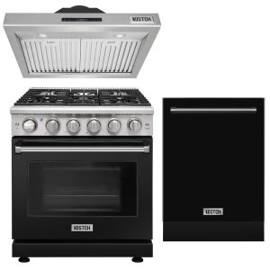 Black Kitchen Set – 30 Inch Gas Range with 5 Burners & 4.55 cu.ft. Oven, 30 Inch Under Cabinet Range Hood, 24 Inch Built-In Dishwasher with Third Rack