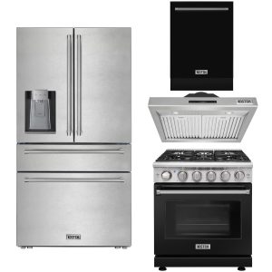 30″ Natural Gas Range with 30″ Range Hood, 24″ Built-In Dishwasher in Black & 36″ French Door Refrigerator with Stainless Steel Handle Kitchen Appliance Set