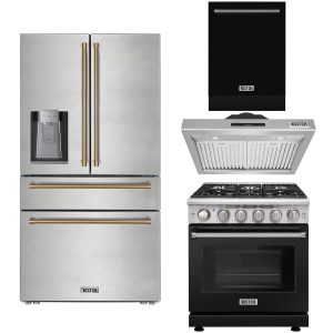 30″ Natural Gas Range with 30″ Range Hood, 24″ Built-In Dishwasher in Black & 36″ French Door Refrigerator with Bronze Handle Kitchen Appliance Set