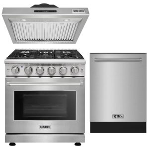 Stainless Steel Kitchen Set – 30 Inch Gas Range with 5 Burners & 4.55 cu.ft. Oven, 30 Inch Under Cabinet Range Hood, 24 Inch Built-In Dishwasher with Third Rack