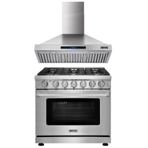 36-Inch Natural Gas Range with 6 Burners & 6.0 cu.ft. Oven, 36-Inch 600 CFM Convertible Wall Mount Range Hood with Touch Control & LED Lights, Stainless Steel